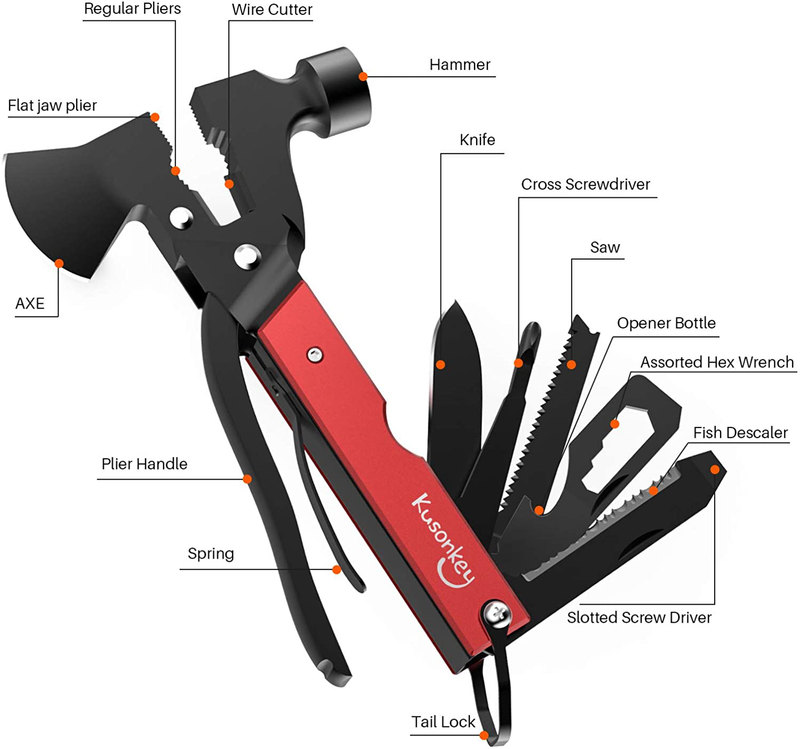 Multitool Camping Accessories Gear Tools Gifts for Men, Kusonkey Survival Gear 16 in 1 Hatchet with Knife Axe Hammer Saw Screwdrivers Pliers Bottle Opener Durable Sheath, Multitools Gifts for Women