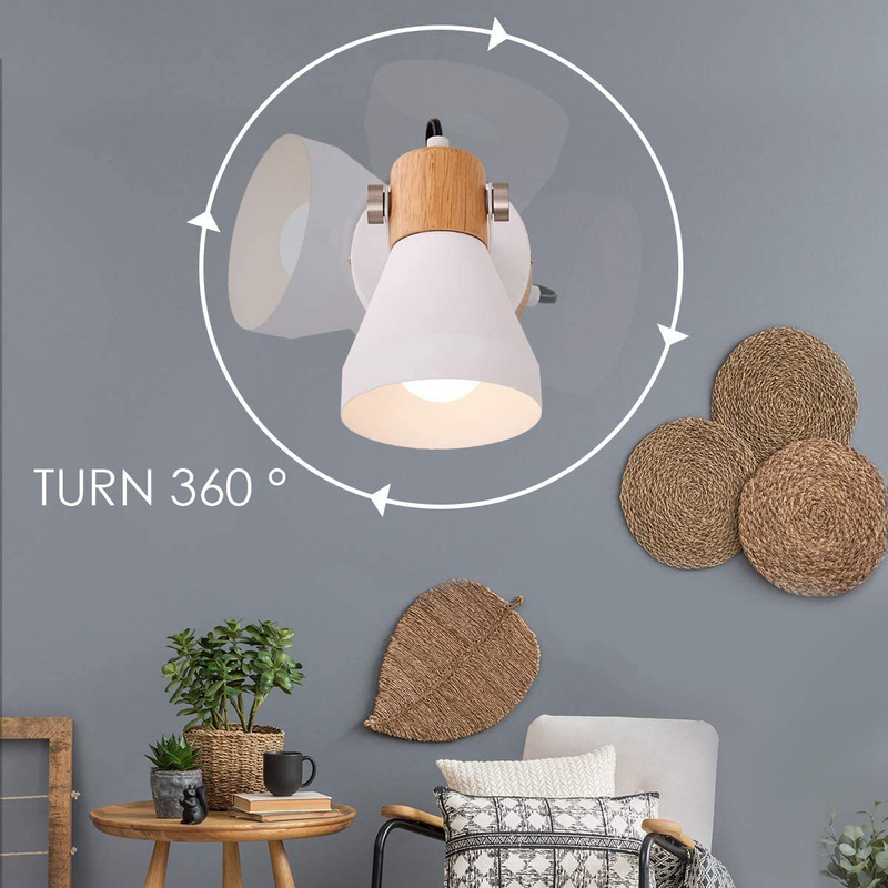Plug in Wall Lamps Set of 2, Matte White Rotatable Wooden Wall Light with On-Off Switch Cord for Bedroom,Living Room,Reading Home & Garden > Lighting > Lighting Fixtures > Wall Light Fixtures KOL DEALS   