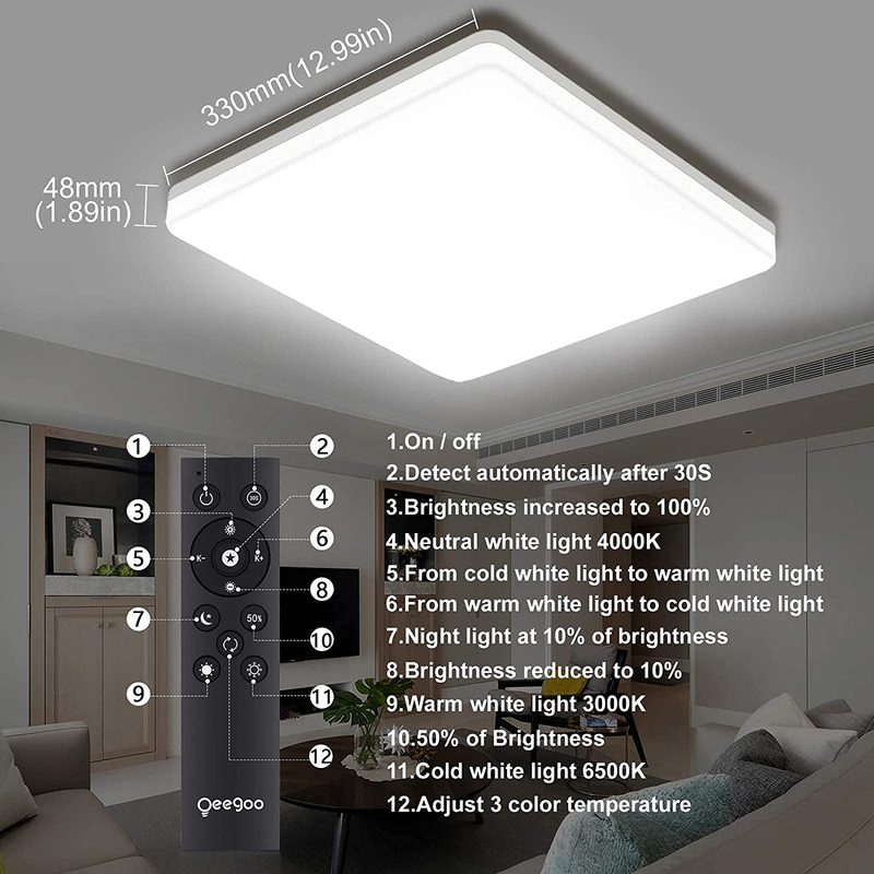 Oeegoo 13Inch Modern Dimmable LED Flush Mount Ceiling Light Fixtures with Remote Control, 36W 3600LM, Waterproof Suqare Ceiling Lamp for Bedroom, Living Room, Bathroom, Kitchen, 3000K-6500K Adjustable Home & Garden > Lighting > Lighting Fixtures > Ceiling Light Fixtures KOL DEALS   