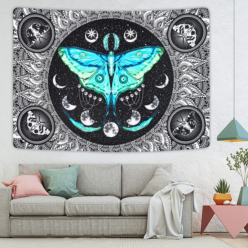 Moth Tapestry Moon Phase Tapestry Psychedelic Eyes Tapestry Moon and Stars Tapestry Black and White Tapestry Wall Hanging for Room(51.2 x 59.1 inches) Home & Garden > Decor > Artwork > Decorative Tapestries Boniboni Black and White 51.2" x 59.1" 