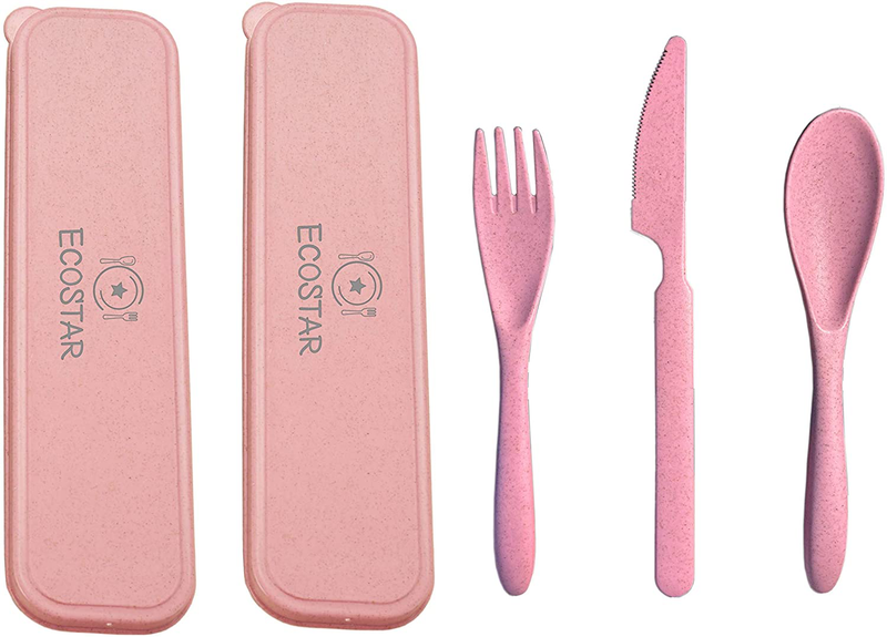 ECOSTAR Portable Wheat Straw Cutlery Set, 3-Piece Reusable Eco-Friendly BPA Free Utensils including Biodegradable Knife Spoon Fork and Travel Case - Great for Kids and Adults (Blue, 1) Home & Garden > Kitchen & Dining > Tableware > Flatware > Flatware Sets ECOSTAR Pink 2 