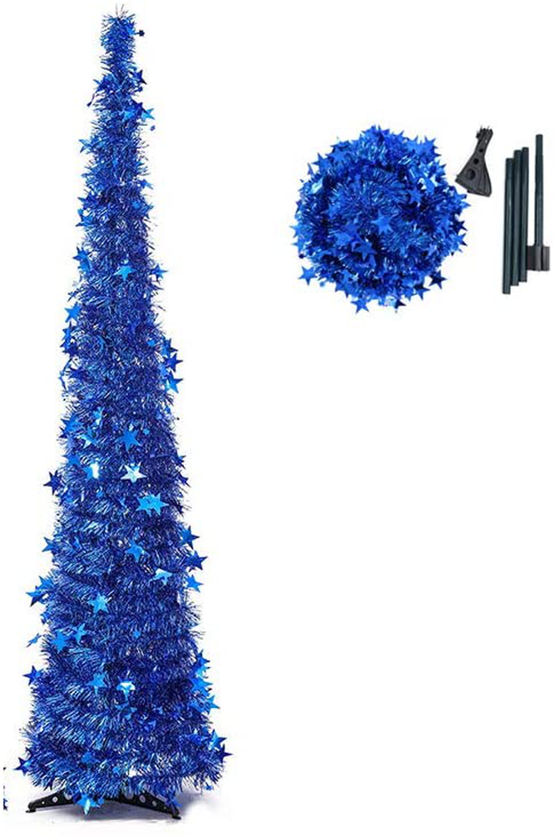 SZDAJAN Collapsible Artificial Christmas Tree 5ft 4ft Slim Xmas Trees Apartment Party Home Decor Tinsel Christmas Tree with Star Shiny Sequins and Stand (Red,5FT)