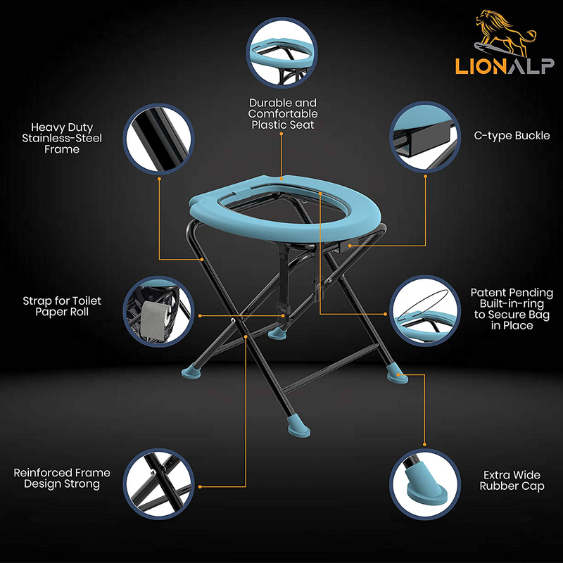 Portable Folding Toilet Seat, Porta Potty Commode For Camping, fishing, Long Car Rides & Construction Sites, Comfortable Stool For Living Outdoors, Travel & backpacking, Built-In-Ring- No Spill  LIONALP   
