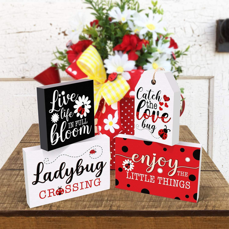 Huray Rayho Tiered Tray Decorations Ladybug Wooden Blocks Sign Modern Style For Home Farmhouse Rustic Ladybird Decor Kitchen Shelf Display Summer Holiday Party Favors Gifts (4 piece) Home & Garden > Decor > Seasonal & Holiday Decorations Huray Rayho   