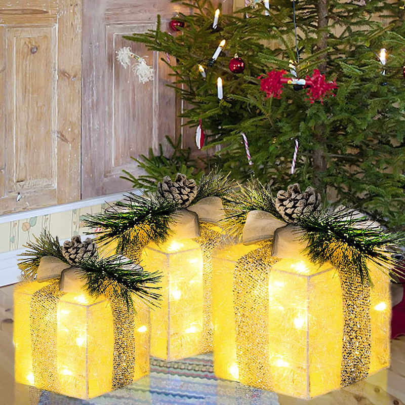 Hourleey Set of 3 Christmas Lighted Gift Boxes, Pre-lit 60 LED Light Up Present Boxes Ornament Outdoor Warm White Tinsel Boxes Decoration for Indoor Christmas Home Yard Lawn Decor Home & Garden > Decor > Seasonal & Holiday Decorations& Garden > Decor > Seasonal & Holiday Decorations Hourleey   