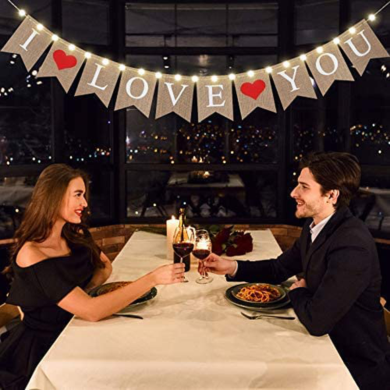 I Love You Burlap Banner for Valentine'S Day Decoration, Love Heart Hanging Sign with 8 Modes LED String Light, Wedding Engagement Party Bunting Garland for Valentines Day Dating Home Decor Arts & Entertainment > Party & Celebration > Party Supplies Mudder   