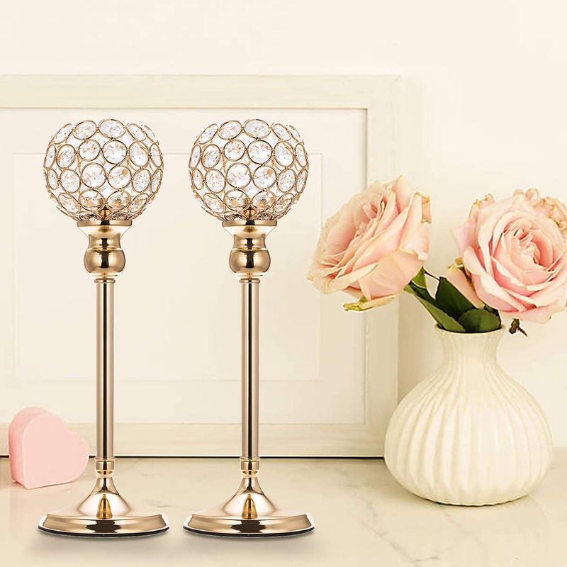 ManChDa Valentines Gift Gold Crystal Spherical Candle Holders Sets of 2 Wedding Table Centerpieces for Birthday Anniversary Celebration Modern Decoration (Large, 15.8")