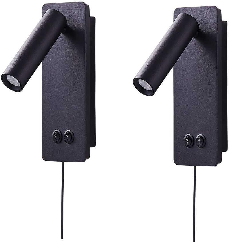 LED Wall Lamp Plug in for Bedroom Bedside Wall Sconces Set of Two Black Reading Light 3W+6W Night Light 3000K