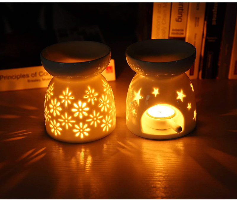 T4U Ceramic Tealight Candle Holder Oil Burner, Essential Oil Incense Aroma Diffuser Furnace Home Decoration Romantic White Set of 2 - Floral Pattern Home & Garden > Decor > Home Fragrance Accessories > Candle Holders T4U   