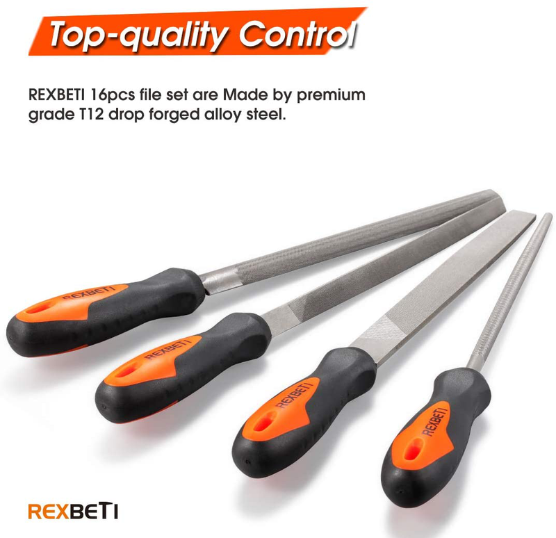 REXBETI 16Pcs Premium Grade T12 Drop Forged Alloy Steel File Set with Carry Case, Precision Flat/Triangle/Half-round/Round Large File and 12pcs Needle Files, Soft Rubbery Handle, Perfect Shaping Tool Hardware > Tools > Tool Sets > Hand Tool Sets REXBETI   