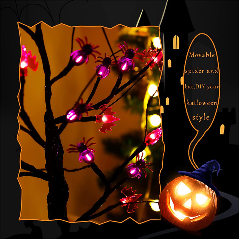 Malgero Halloween Decoration Black Tree Lamp 2FT Battery Powered with 24 LED Lights and 30 DIY Spiders/Bats Light Up Birch Gothic Home Decor Indoor Tabletop Lamp Spooky Bonsai Night Light Arts & Entertainment > Party & Celebration > Party Supplies Malgero   