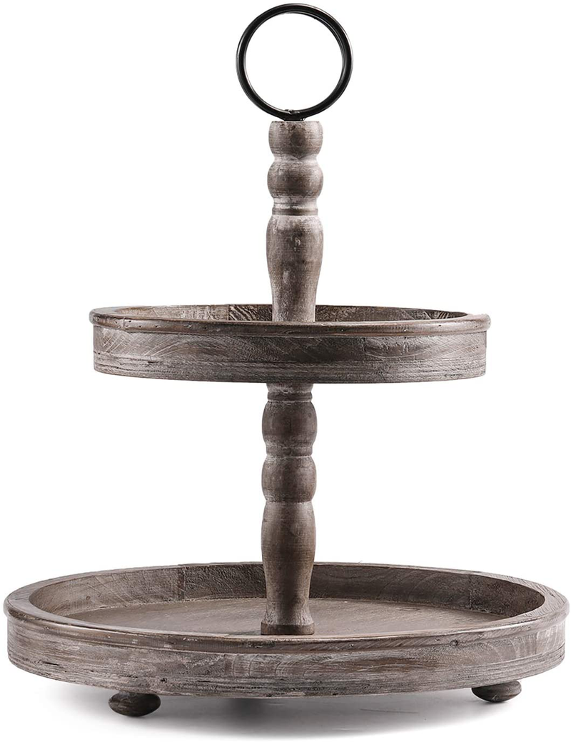 HYGGEISM Two Tier Tray Distressed Wood 2 Tiered Serving Tray Farmhouse, Decorative Wooden Rustic Cake Stand for Kitchen Counter Table, Halloween Decor (Round Handle) Home & Garden > Decor > Decorative Trays HYGGEISM Round handle  