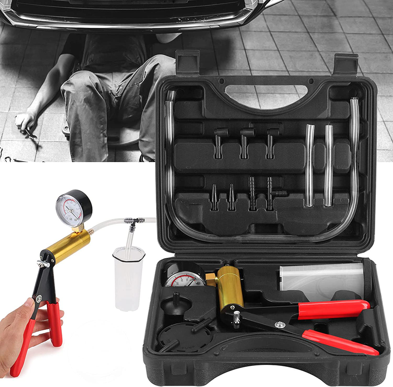 HTOMT 2 in 1 Brake Bleeder Kit Hand held Vacuum Pump Test Set for Automotive with Protected Case,Adapters,One-Man Brake and Clutch Bleeding System (Black)