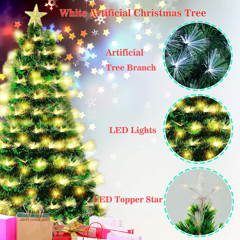ODUUEO Artificial Prelit Christmas Tree Optical Fiber Tree with Multicolored LED Lights & Metal Stand (6ft)