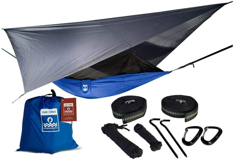 Oak Creek Lost Valley Camping Hammock. Bundle Includes Mosquito Net, Rain Fly, Tree Straps, Compression Sack. Weighs Four Pounds, Perfect for Camping. Lightweight Nylon Single Hammock.