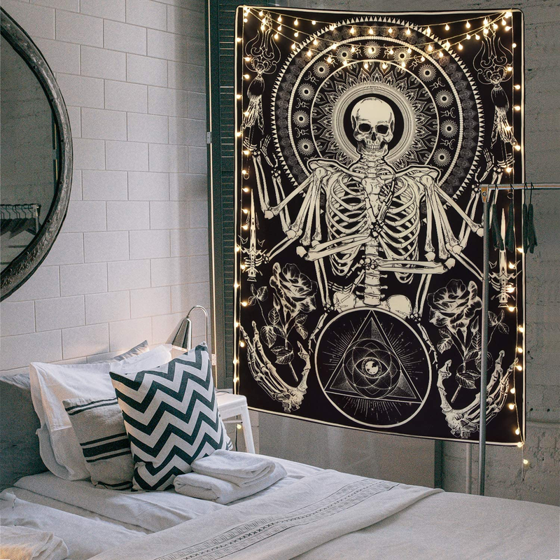 Skull Floral Tapestry Meditation Skeleton Tapestry Gothic Tarot Card Tapestry Cool Black Tapestry for Room(59.1 x 82.7 inches) Home & Garden > Decor > Artwork > Decorative Tapestries Lyacmy   
