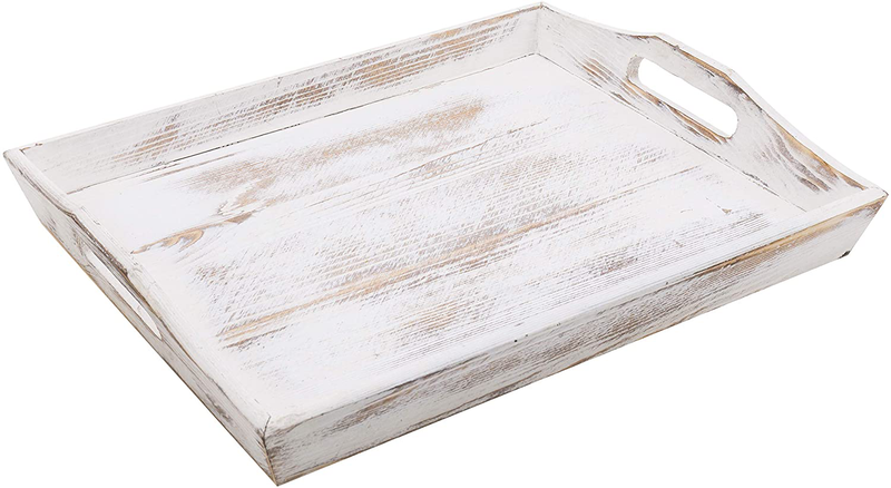 MyGift 16-inch Shabby Whitewashed Wood Breakfast Serving Tray with Cutout Handles