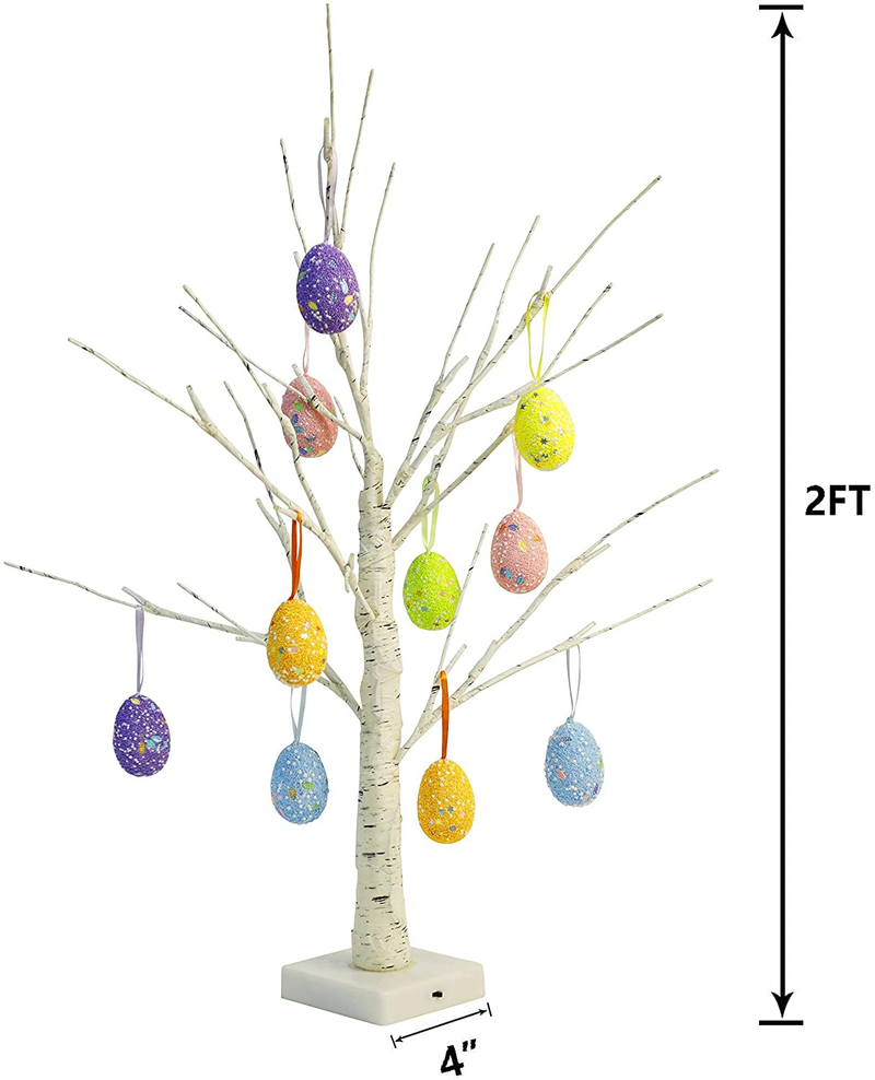 Kemooie 24 Inch Pre-Lit White Birch Tree with 10 Hanging Easter Egg Ornaments, 24 Led Lights Battery Operated Easter Table Centerpiece for Party Birthday Home Easter Decoration Spring Decoration Home & Garden > Decor > Seasonal & Holiday Decorations kemooie   