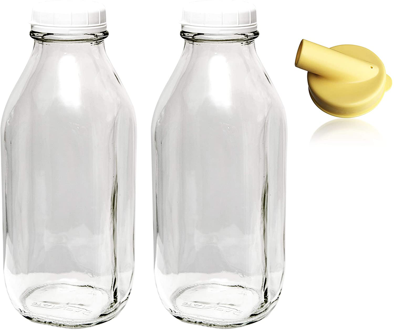 The Dairy Shoppe 1 Ltr. (33.8 oz.) Glass Milk Bottle Vintage Style with Cap & NEW Pour Spout! (2 Pack)