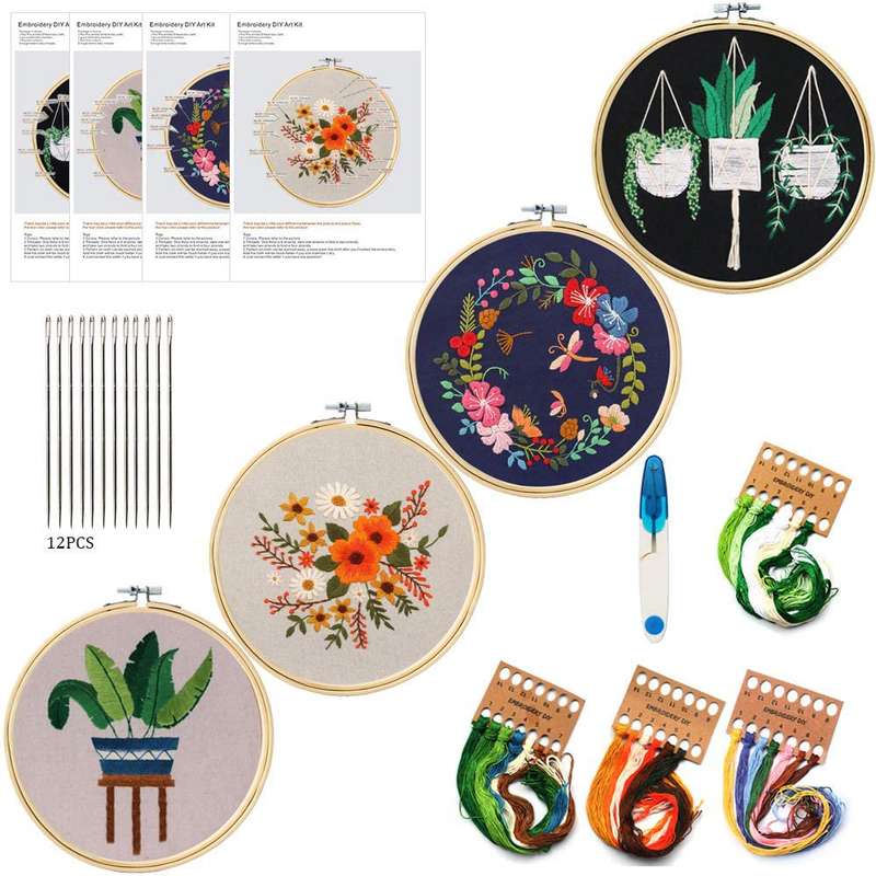 Embroidery Kit for Beginners,4 Pack Cross Stitch Kits, 2 Wooden Embroidery Hoops,1 Scissors,Needles and Color Threads,Needlepoint Kit for Adult (Cactus Plant) Arts & Entertainment > Hobbies & Creative Arts > Arts & Crafts > Art & Crafting Tools > Craft Measuring & Marking Tools > Stitch Markers & Counters Uoueze butterfly  