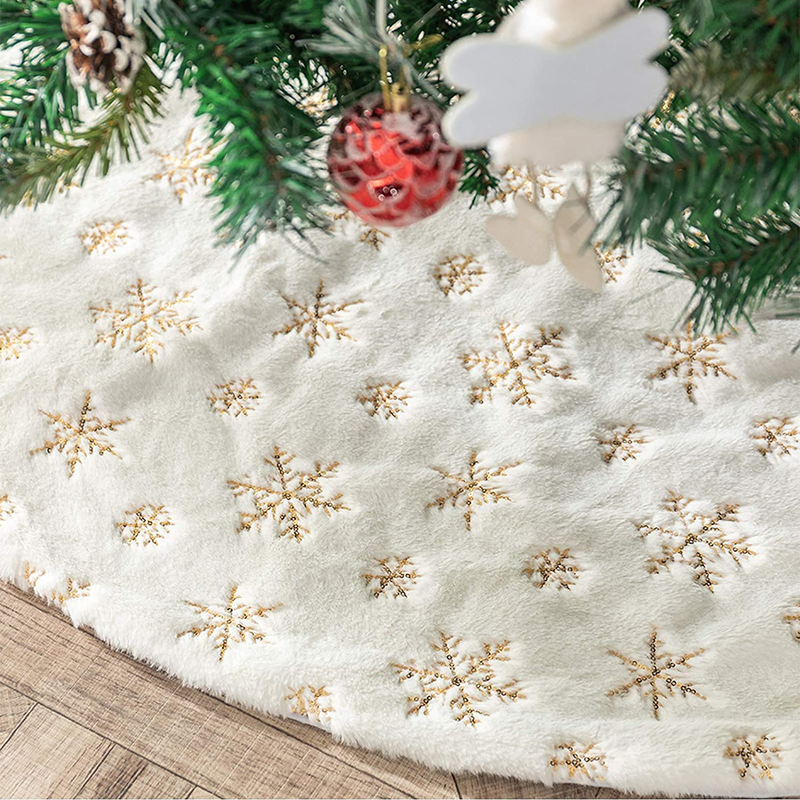 DegGod Plush Christmas Tree Skirts, 30 inches Luxury Snowy White Faux Fur Xmas Tree Base Cover Mat with Gold Snowflakes for Xmas New Year Home Party Decorations (Gold, 30 inches) Home & Garden > Decor > Seasonal & Holiday Decorations > Christmas Tree Skirts DegGod Gold 57 inches 