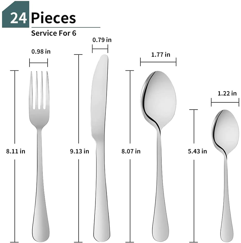 Stainless Steel Flatware for 6-24 Piece Cutlery Set,18/10 Flatware Set, Include Knife/Fork/Spoon Dinnerware Stainless Steel Flatware Set,Dishwasher Safe