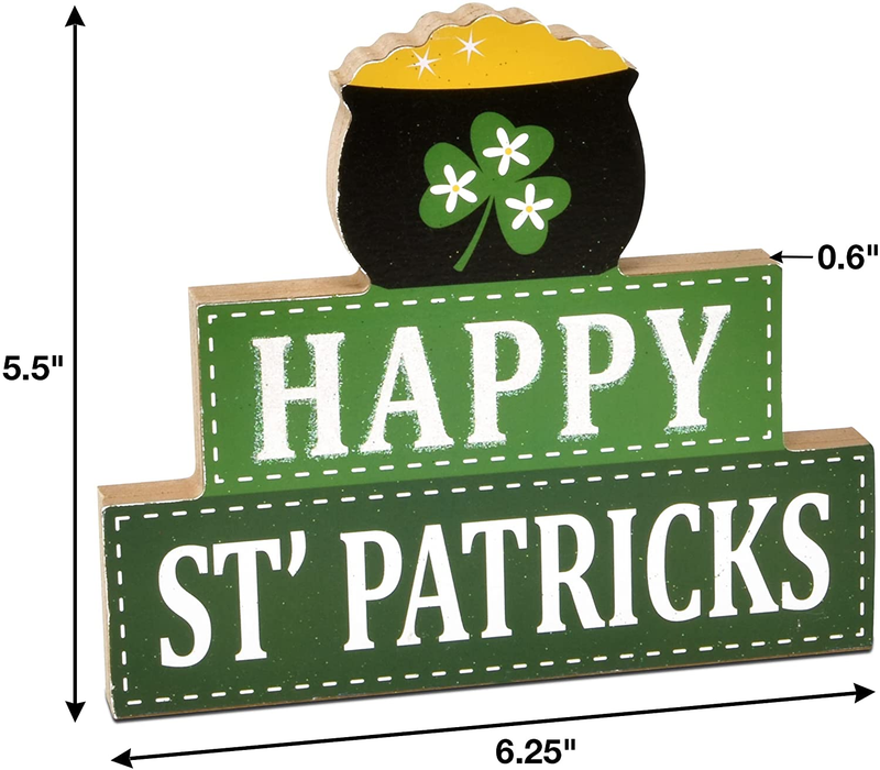 Gift Boutique 4 St Patrick'S Day Wooden Decorations for Table Decor Shamrock Wood Home Figurines Luck Happy St. Patrick Centerpiece for Office Mantle Topper Irish Tabletop Figurine