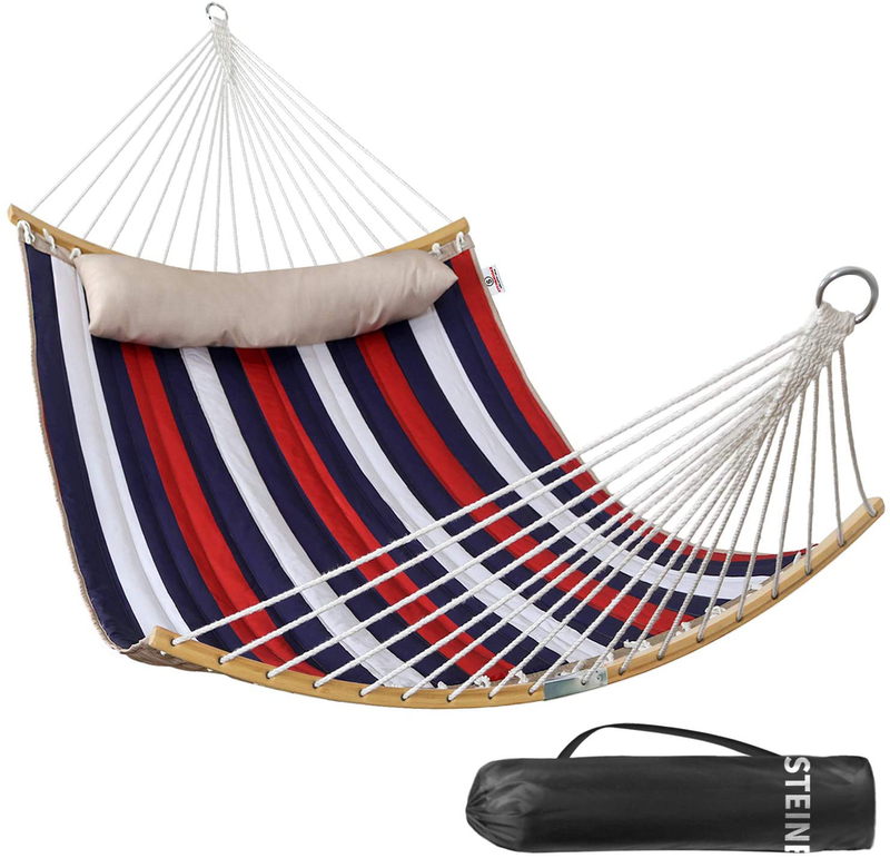 Large 2 Person 11FT Double Hammock Quilted Fabric Swing with Foldable Curved Bamboo Bar & Detachable Pillow & Carrying Bag - 75" x 55" Heavy Duty 450lbs Capacity for Indoor and Outdoor - Havana Brown Home & Garden > Lawn & Garden > Outdoor Living > Hammocks Bathonly Cb-tricolor Stripe  