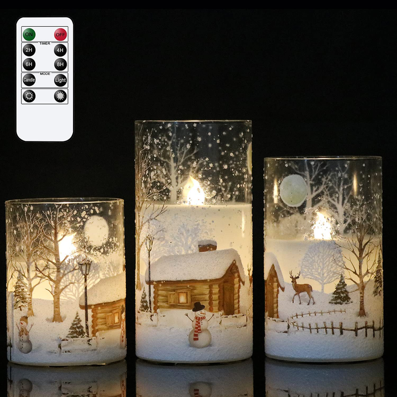 DRomance White Christmas Glass Flickering Flameless Candles Battery Operated with 10-Key Remote and Timer Set of 3 Real Wax Holiday LED Window Pillar Decor Candles(Santa Decal, 3 x 4, 5, 6 Inches) Home & Garden > Decor > Home Fragrances > Candles DRomance Glass-snowman  