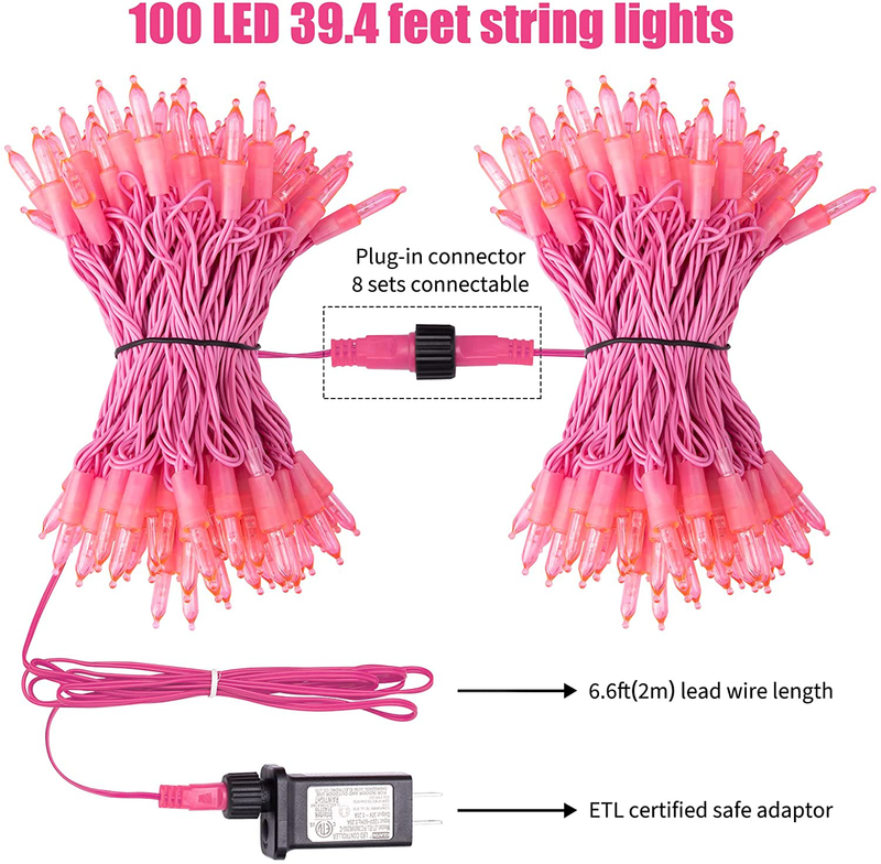 Pink Mini Christmas Lights - 39 Feet 100 LED Fairy String Lights with 8 Lighting Modes Waterproof Connectable for Indoor Outdoor Xmas Tree Garland Wreath Holiday Valentine'S Day Decoration Home & Garden > Decor > Seasonal & Holiday Decorations Minetom   