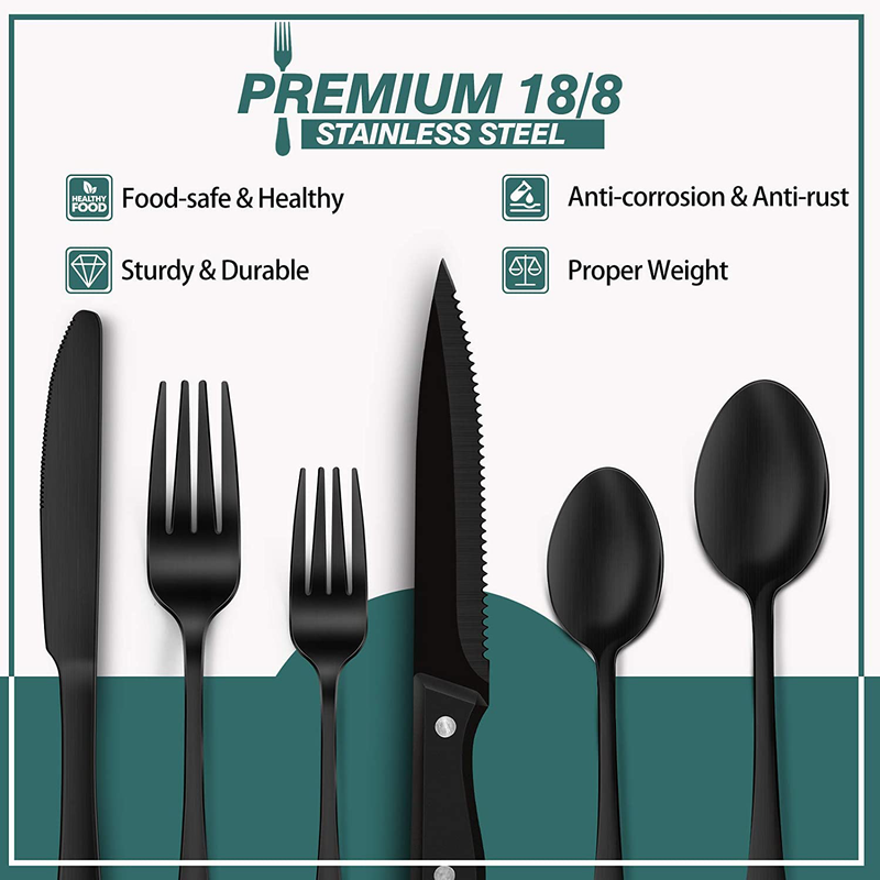 Hiware 24 Pieces Matte Black Silverware Set with Steak Knives, Stainless Steel Flatware Cutlery Set, Service for 4, Kitchen Utensil Tableware Set, Hand Wash Recommended Home & Garden > Kitchen & Dining > Tableware > Flatware > Flatware Sets Hiware   