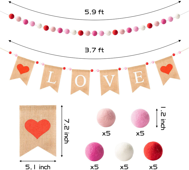 Haooryx 2 Set Valentine'S Day Burlap Flag Felt Ball Garland Kit, Sweet LOVE Valentines Hanging Banner Garland Decorations for Engagement Wedding Anniversary Party Home Wall Decor Supplies Home & Garden > Decor > Seasonal & Holiday Decorations Haooryx   