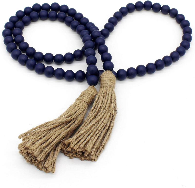 CVHOMEDECO. Wood Beads Garland with Tassels Farmhouse Rustic Wooden Prayer Bead String Wall Hanging Accent for Home Festival Decor. Black Home & Garden > Decor > Seasonal & Holiday Decorations CVHOMEDECO. Navy Blue  