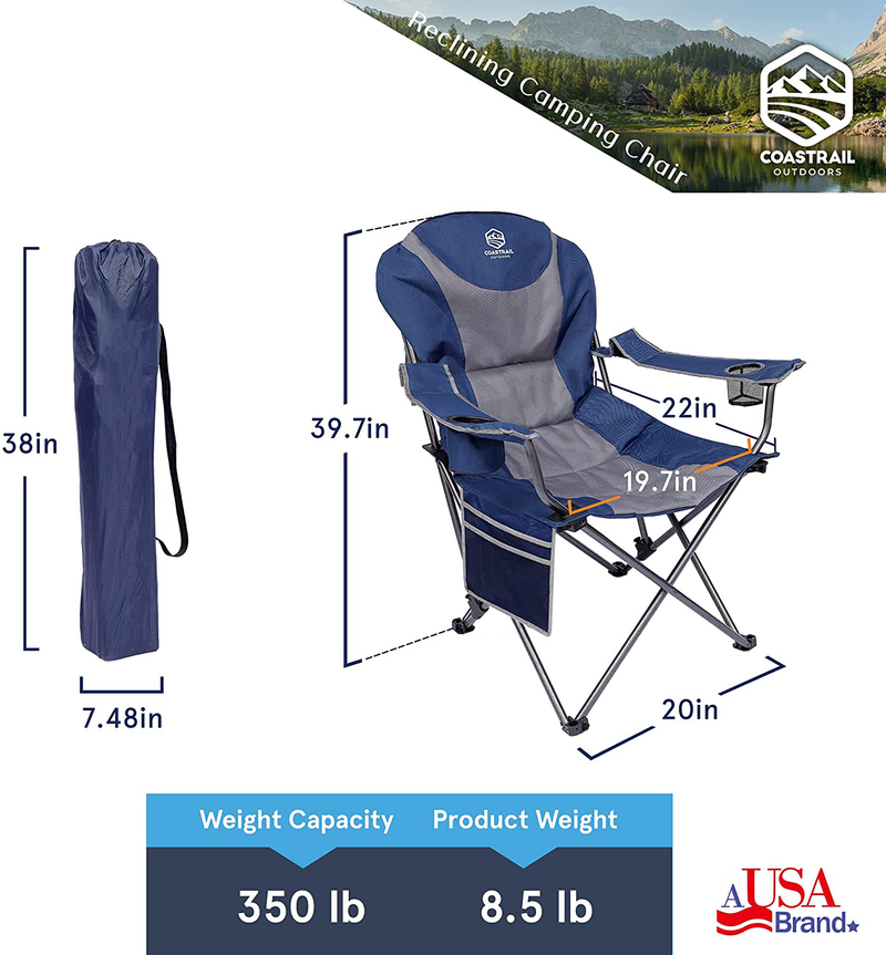 Coastrail Outdoor Reclining Camping Chair 3 Position Folding Lawn Chair for Adults Padded Comfort Camp Chair with Cup Holders, Head Bag and Side Pockets, Supports 350Lbs, Blue&Grey