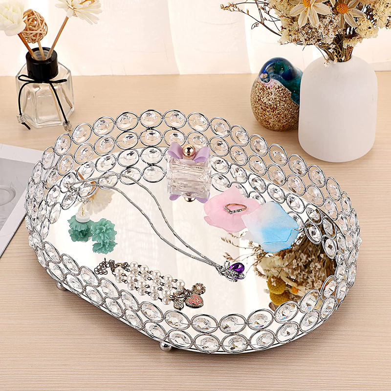 Hipiwe Crystal Vanity Tray, Mirrored Dresser Perfume Trays for Makeup Tray Cosmetic Skin Care Storage, Jewelry Trinket Organizer Tray for Bathroom Countertop Home Decor