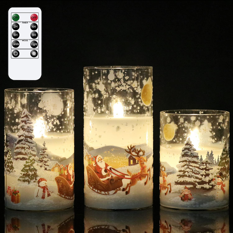 DRomance Christmas Flameless LED Flickering Candles Battery Operated with 10-Key Remote and Timer Realistic 3D Wick White Real Wax Holiday Window Candles(Snowman Decal, 3 x 4, 5, 6 Inches) Home & Garden > Decor > Home Fragrances > Candles DRomance Glass-santa  