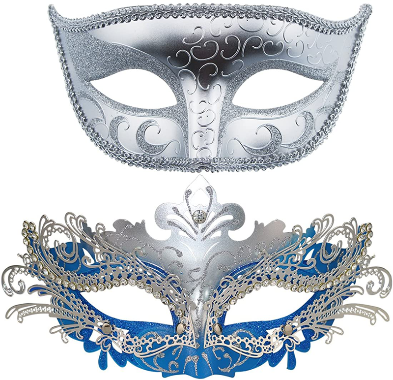 Couple Masquerade Metal Masks Venetian Halloween Costume Mask Mardi Gras Mask Apparel & Accessories > Costumes & Accessories > Masks Coddsmz Sliver+sliver-blue  