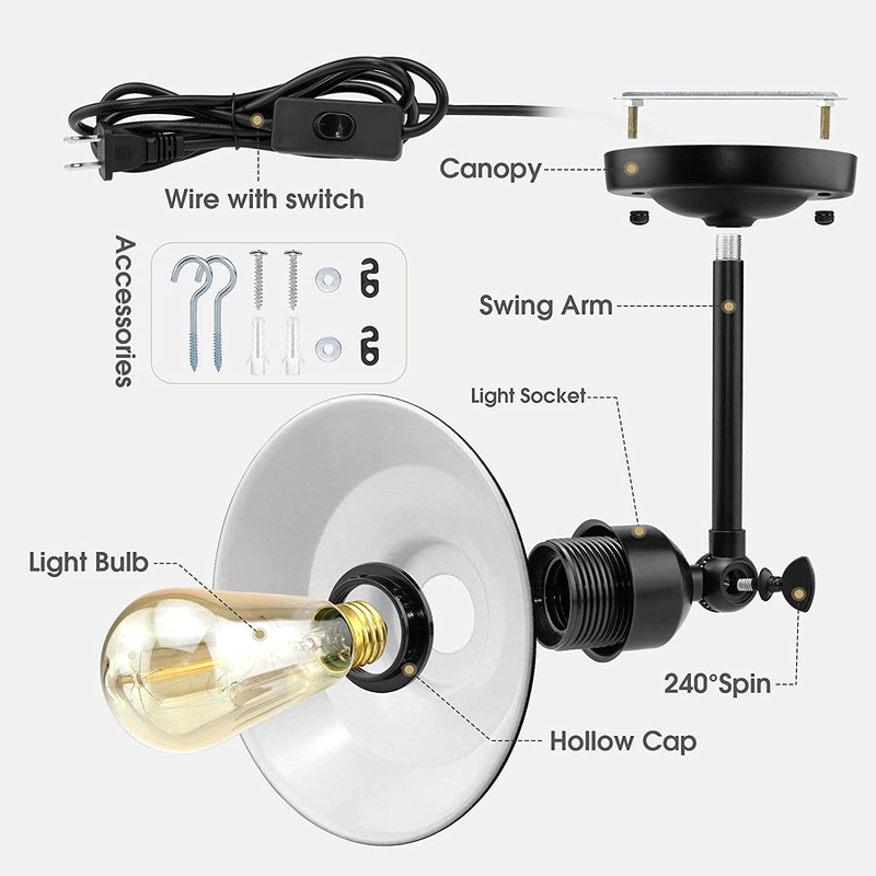 Plug in Wall Sconces, Black Antique Swing Arm Vintage Wall Lamp Fixture, Industrial Wall Sconce Plug In, 240 Degree Plug in Wall Light with on off Switch E26 Base for Restaurant Bathroom Dining Room