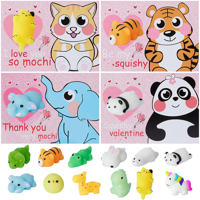 HOOJO 36 Pack Valentines Day Gifts for Kids, Valentines Gifts for Kids Girls and Boys, with 36 PCS Mochi Squishy and 12 Valentines Days Card, Valentines Party Favors for Kids