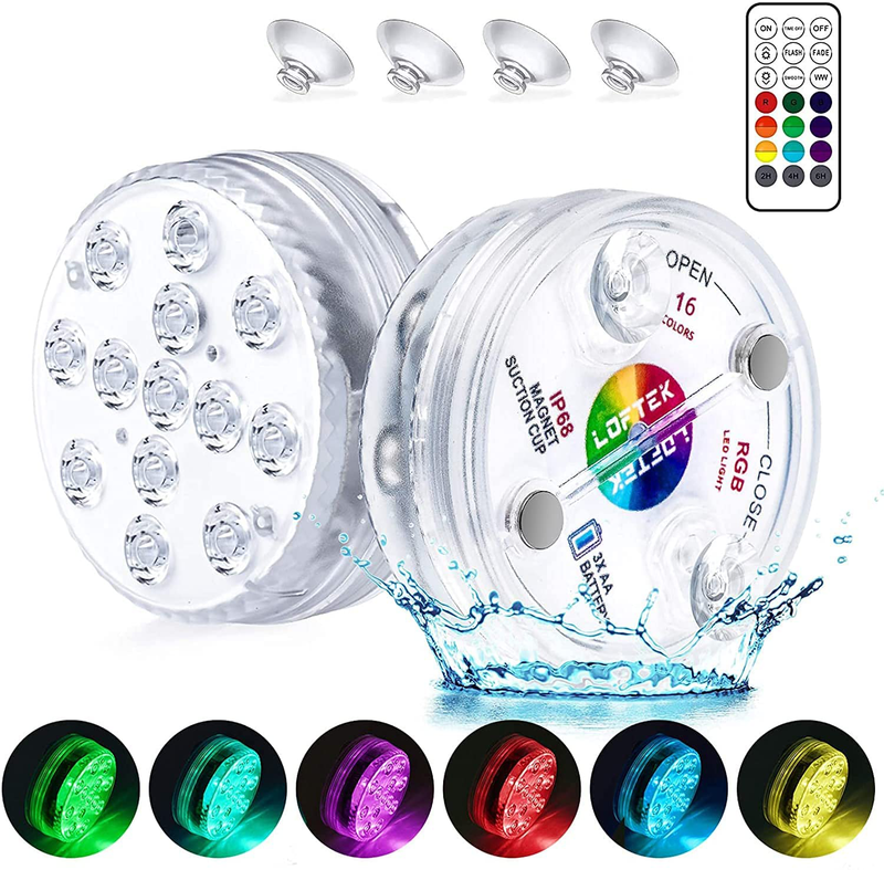 LOFTEK Submersible LED Lights with Remote RF(164ft),Full Waterproof Pool Lights for Inground Pool with Magnets, Suction Cups,3.35” Color Changing Underwater Lights for Ponds Battery Operated (4 Packs)
