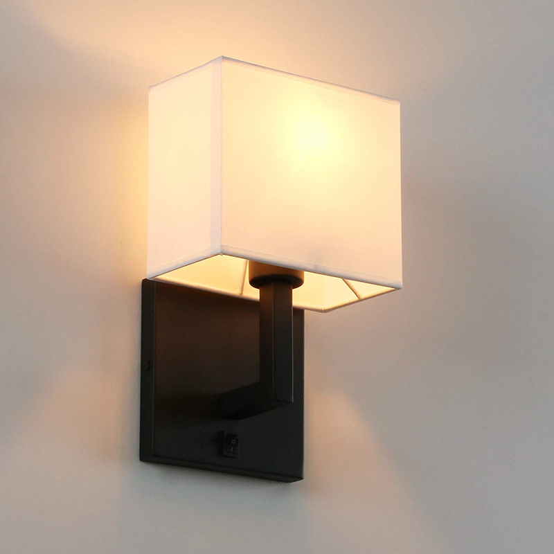 Permo Single Wall Sconce Light Fixture Black Finish with White Textile Shades and On/Off Switch Button Small Modern Nightstand Lamps for Bedrooms Bedside Reading