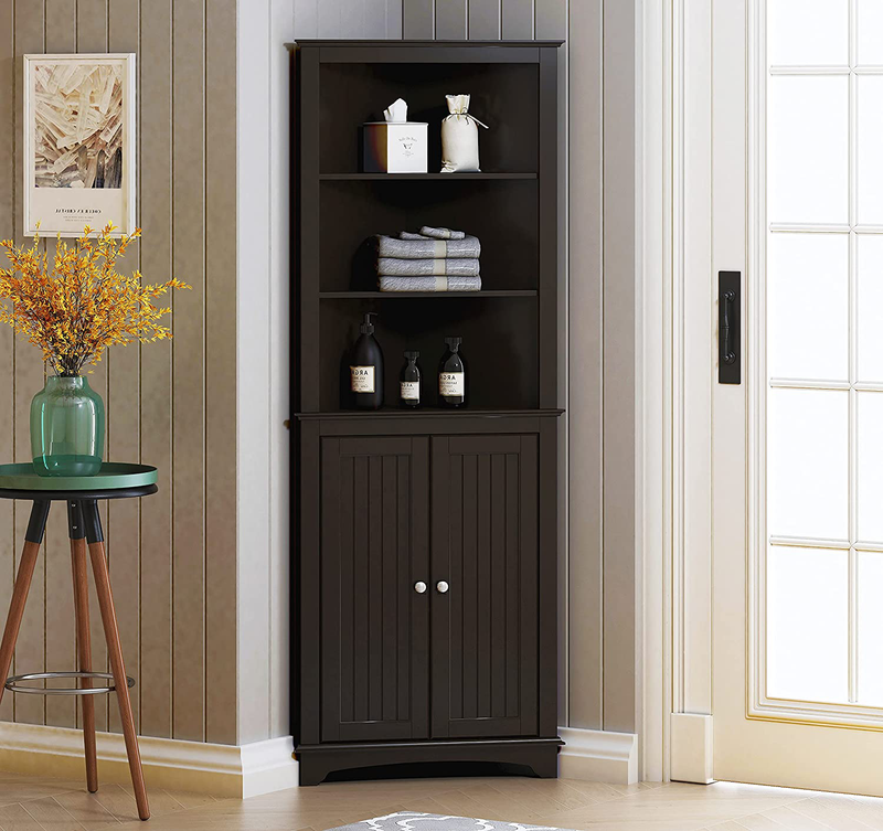 Spirich Home Tall Corner Cabinet with Two Doors and Three Tier Shelves, Free Standing Corner Storage Cabinet for Bathroom, Kitchen, Living Room or Bedroom, Espresso Home & Garden > Kitchen & Dining > Food Storage Spirich   