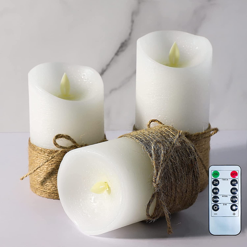 CRYSTAL CLUB LED Pillar Candles with Remote, Set of 3 Real Wax Flickering Flameless Candles with Timer, Battery Operated White Candle with Hemp Rope for Beach & Ocean, Home Bedroom Decor Home & Garden > Decor > Home Fragrances > Candles Crystal Club   