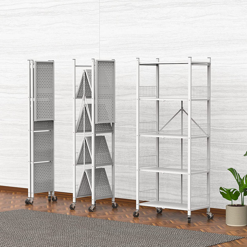 Foldable Storage Shelves Unit, 5-Tier Folding Shelf Shelving Rack Organizer Cart with Rolling Wheels for Temporary or Mobile Storage in Kitchen Warehouse Closet Patio Pantry Basement ( White, 5-Tier)