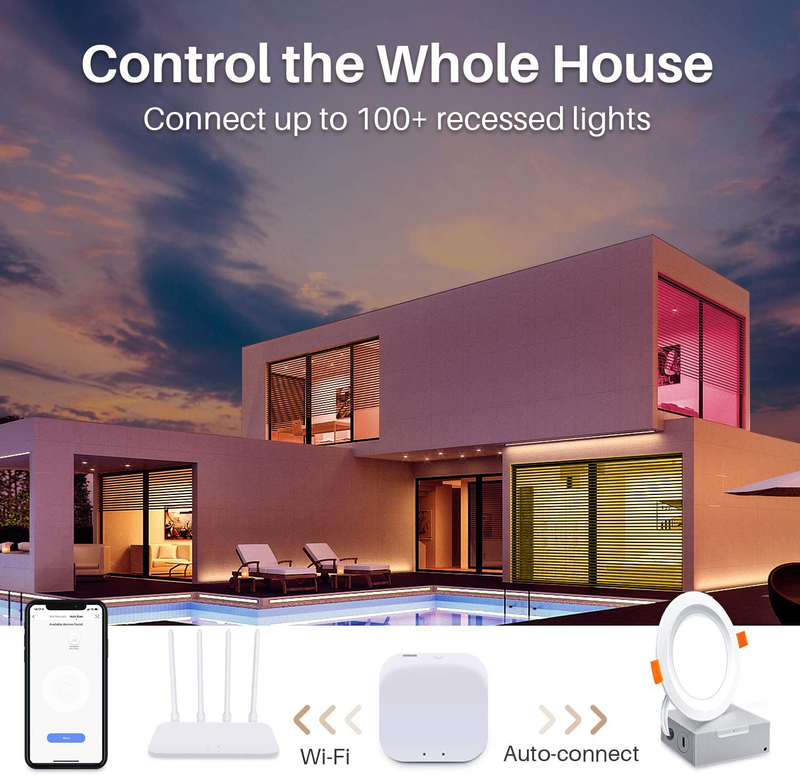 Led Recessed Lighting Ultra-Thin 4 Inch-6 Pack PETEME WiFi Smart Controllable Downlight RGBCW 10W, Cool & Warm White Adjustable 800LM High Brightness with J-Box, Compatible with Alexa/Google/Siri