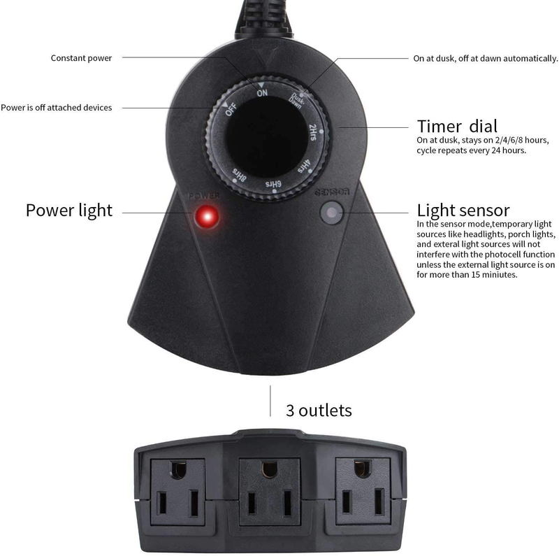 Outdoor Light Sensor Timer, 24 Hours Heavy Duty Waterproof Outlet Timer with 2, 4, 6 or 8 Hours Countdown Mode, 3 Grounded Electrical Outlet for Home Backyard Garden Home & Garden > Lighting Accessories > Lighting Timers Brightown   