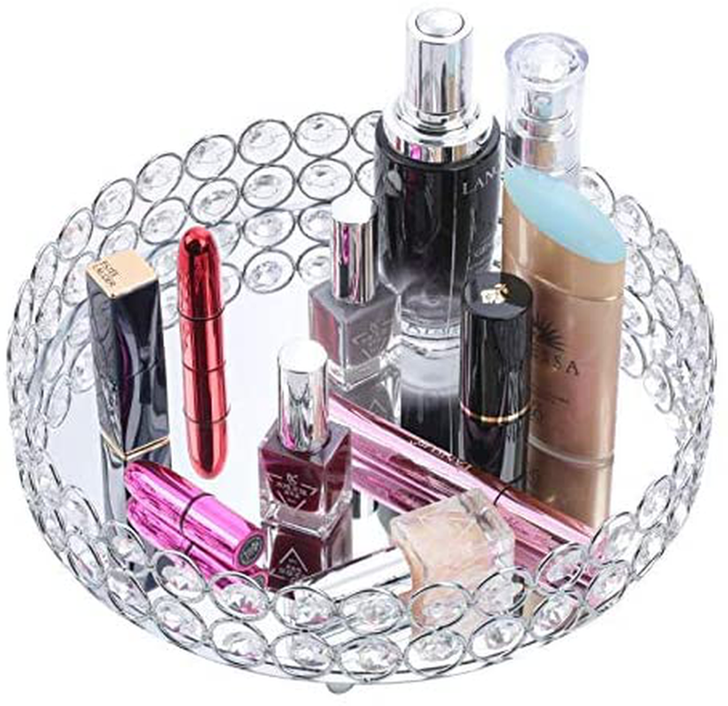 Decorative Makeup Vanity Trays, Crystal Mirrored Cosmetic Jewelry Toiletries Trinket Home Decor Tray Handmade Glass Ornate Perfume Tray for Dresser Bedroom Bathroom Restaurant Hotel (Oval Silver) Home & Garden > Decor > Decorative Trays WaiTing Round Silver  