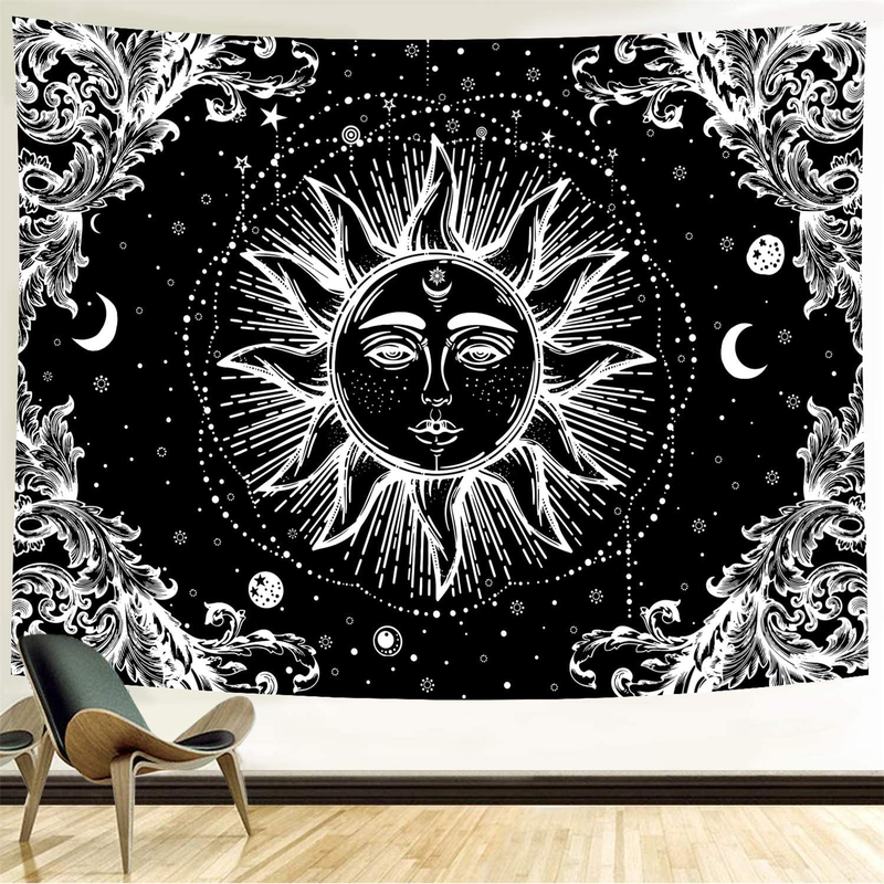 Funeon Black and White Sun Tapestry for Bedroom Bohemian Mandala Tapestry Wall Hanging Moon Stars Tapistry Dorm Decoration for College Girls | Cute Dark Tapistry Psychedelic Wall Decor 51x60 inches Home & Garden > Decor > Artwork > Decorative Tapestries Funeon Mandala Sun Small 51''x60'' 