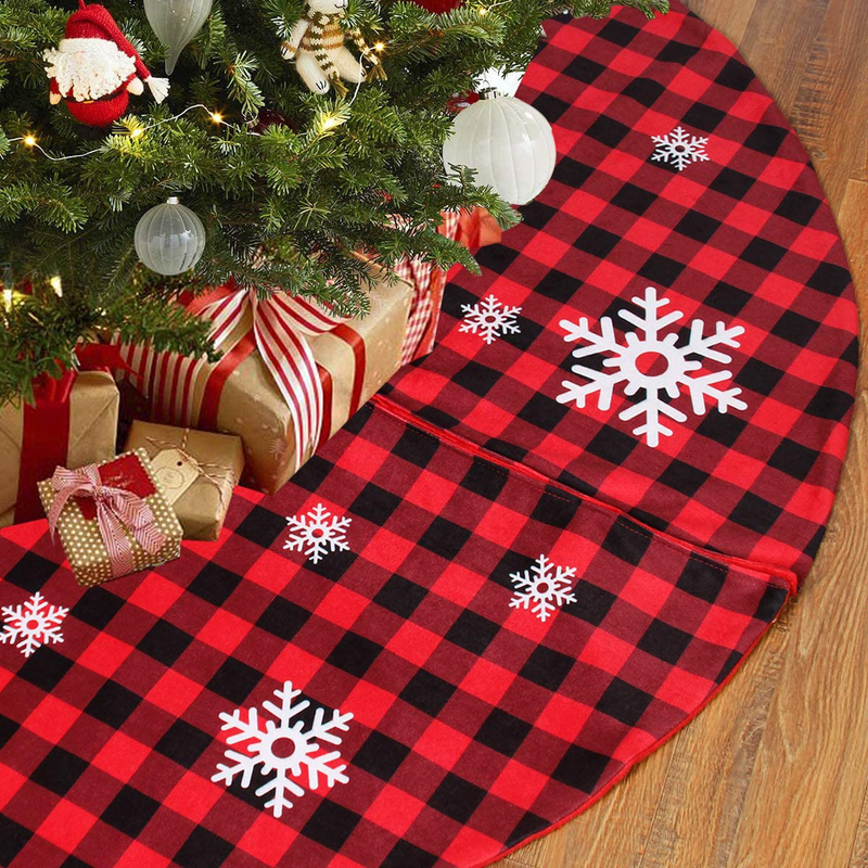 Christmas Tree Skirt Red and Black Buffalo Check Plaid Tree Skirt with Snowflake Design, 48inch Double Layers Xmas Tree Skirt for Christmas Decorations, Winter New Year House Decoration Supplies Home & Garden > Decor > Seasonal & Holiday Decorations > Christmas Tree Skirts Frigg Red and Black  