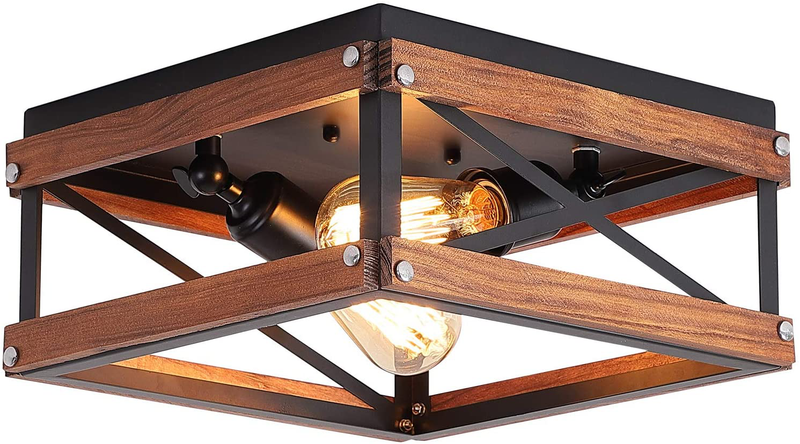 Rustic Farmhouse Flush Mount Light Fixture Two-Light Metal and Wood Square Flush Mount Ceiling Light for Hallway Bedroom Kitchen Entryway, Black Home & Garden > Lighting > Lighting Fixtures > Ceiling Light Fixtures KOL DEALS   